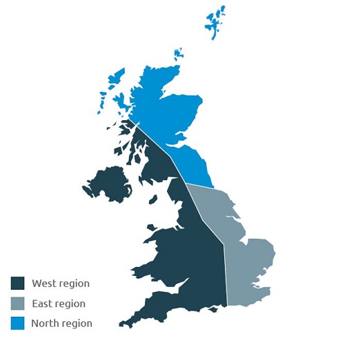 A UK map showing the three RL cereal regions